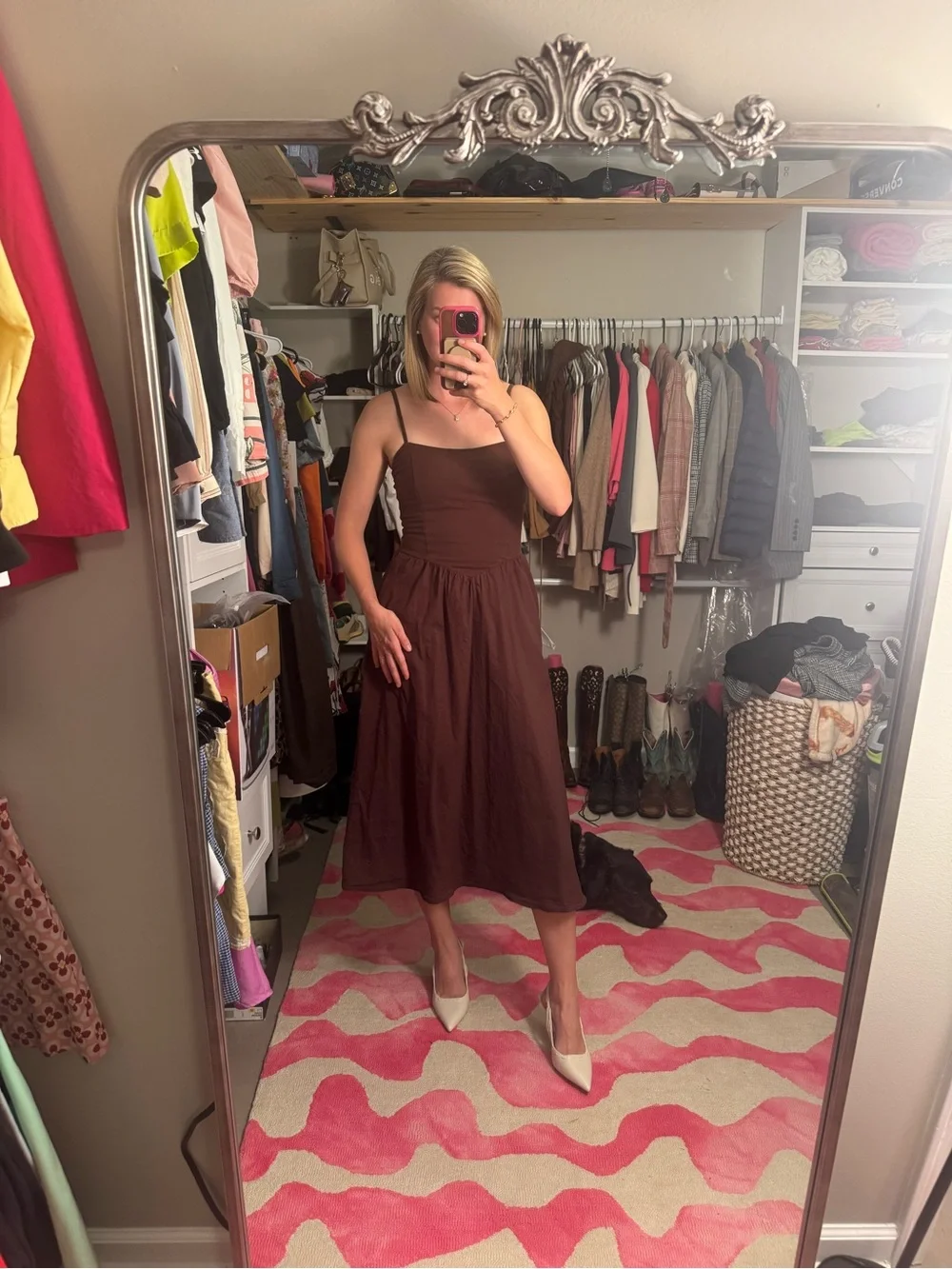 Sleeveless Brown Midi Dress with Slim Straps - Picture 2 of 8